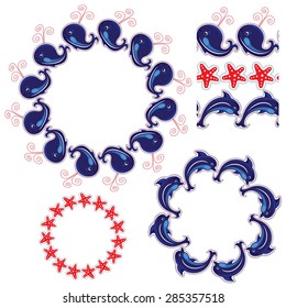 Set of elements, borders with whale, dolphin and sea star - ornamental backgrounds.