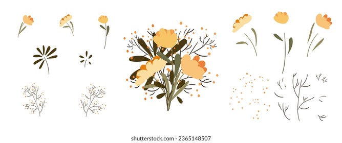 A set of elements for a bouquet of autumn flowers in a naive style. Vector illustration.