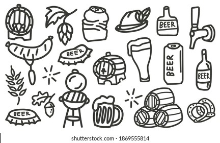 Set of elements for the brewery, including a beer, bear, hop, hat with a feather, barley, crumpled can and bottle