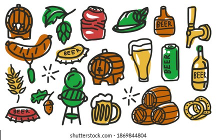 Set of elements for the brewery, including a beer, bear, hop, hat with a feather, barley, crumpled can and bottle