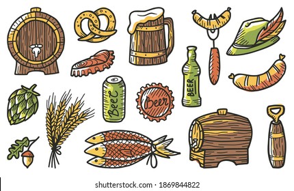 Set of elements for the brewery, including a beer, bear, hop, hat with a feather, barley, crumpled can and bottle