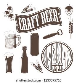 Set of elements for brewery vintage emblems, craft beer or beer house logo design, typography stamp, monochrome icons isolated on white background, vector