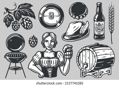 Set of elements for the brewing theme, including a barrel, spikelet, beer can, bottle, hop, girl, bavarian hat, barbecue