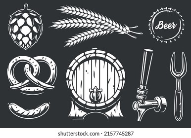 Set of elements for the brewing theme, including a barrel, spikelet, hop, sausage, fork, pretzel, beer tap, metal cork