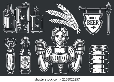 Set of elements for the brewing theme, including a girl, spikelet, keg, bottle, factory, vintage pub signboard