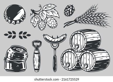 Set of elements for the brewing theme, including a barrel, spikelet, hop, sausage, fork, can opener