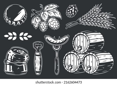 Set of elements for the brewing theme, including a barrel, spikelet, hop, sausage, fork, can opener