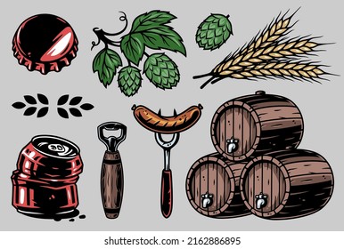 Set of elements for the brewing theme, including a barrel, spikelet, hop, sausage, fork, can opener