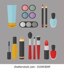 Set of elements for bright makeup. There are brushes, lipstick, pencils, eyes hadow, cream and mascara. Flat style.