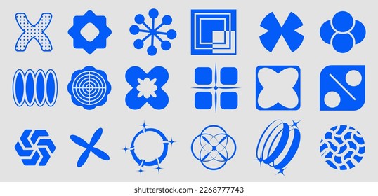 Set of elements in the brutalism style is an abstract pattern made using simple geometric shapes isolated on white background. 90s retro bold geometry symbols. Vector illustration