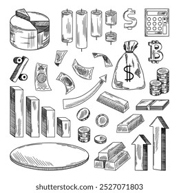 Conjunto de elementos para negócios, finanças e gerenciamento. Conceito de gráficos, cartas, setas, dinheiro, moedas. Ilustração vetorial