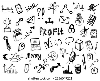 A set of elements for business and financing. Vector hand-drawn doodles. Template design, icons, sketches, logos, buttons. Graph, diagram, infographics, arrows, money.