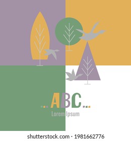 Set of elements for a business logo about preserving the environment, nature, air, trees. Multicolored chess background. Vector illustration for font design, advertising, business cards.