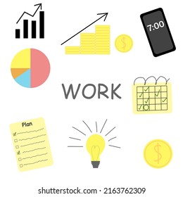 Set of elements for business or work, doodle flat style, growth chart, phone, calendar, task plan. Set of cliparts for a freelancer