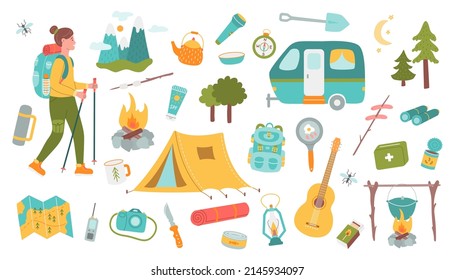Set of elements for camping and hiking, equipment and hiking tools. Trailer, tent, campfire. Vector flat illustration.
