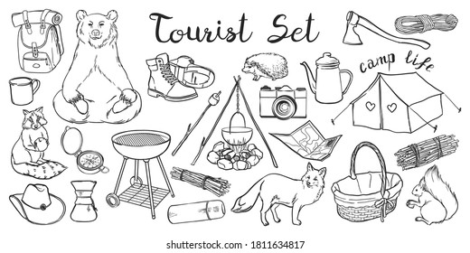 Set of elements for camping and hiking isolated on white background.