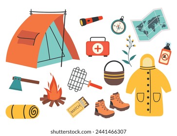 Set of elements for camping and hiking. Tourist tent. Vector illustration of outdoor recreation items.