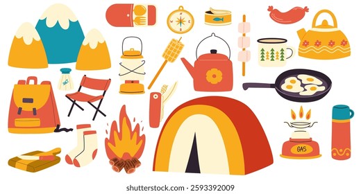 Set of elements for camping, tourism, vacation, hiking. Vector illustration
