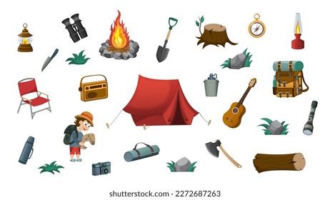 Set of elements for camping, travel, hiking, trip. Vector illustration. Image of tent, campfire, backpack, guitar, compass, shovel, axe. Isolated vector illustration.