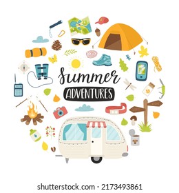 A set of elements for camping, travel, picnic, tourism. Tourist inventory. Round composition as a print on clothes, postcards, web design. Flat vector illustrations isolated on a white background.