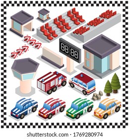 A set of elements for car racing. Isometric. Isolated on white background. Vector illustration.