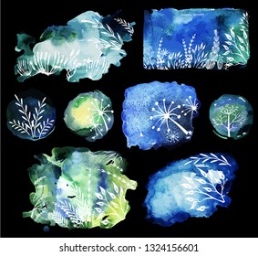 Set of elements for cards with sketches plants on Watercolor background