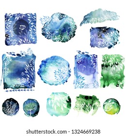 Set of elements for cards with sketches plants on Watercolor background