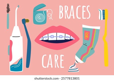 A set of elements care braces. Orthodontics and dental care.