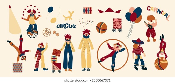 Set of elements for  carnival concept. Clowns, acrobats, funny artists, circus props. Vector Illustration 