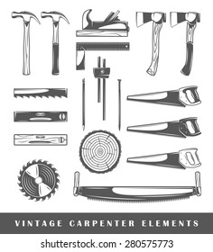 Set of elements of the carpenter. Elements of carpenter isolated on white. Symbols for carpenter design, vector. Silhouettes for logo of the carpenter. Elements for logos. Carpenter icons. Vector