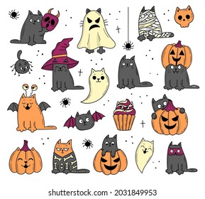 Set of elements with cats for Halloween. Mystical scary objects. Cats, pumpkins, ghosts, potion. Doodle style illustration