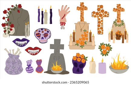 Set of elements to celebrate Halloween. Mexican traditions of celebrating the Day of the Dead. Vector illustration. Tombstone, skull with flowers, candles, bag of bones, scary smile, zombie hand, alta