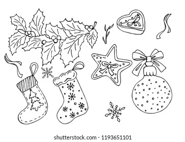 Set of elements for celebration of New Year and Christmas. Very cute signs that are useful for cards and posters as well as other areas like doodle video