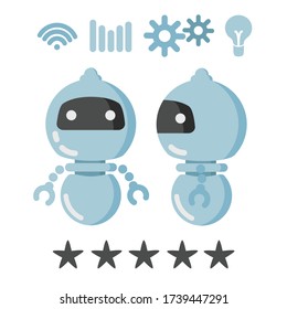 a set of elements for the Chatbot in blue for solving problems online, 5 stars, a bulb of ideas, a gear for settings. Robot with handles isolated on white background. Complemented with app icons