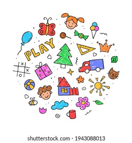 Set of elements in childish doodle style. Hand drawn collection of cute kids doodles. Vector color illustration for icon, background, web design and more.