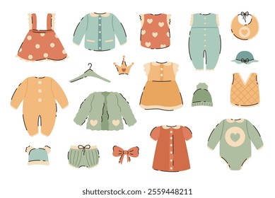 Set of elements of children's clothing. Sweatshirts, overalls, hats, dresses, bows. Flat vector illustration.