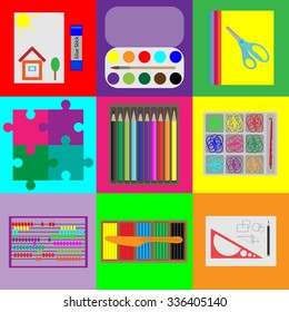 Set of elements for childrens development, stationery for children and adults.