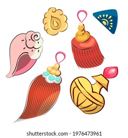 Set with elements in Chinese style. Isolated on white background. Vector illustration. Shell, curtain brush, vessel, container, bottle, vial, decorative ornamental objects. Clip art, cartoon, doodle.