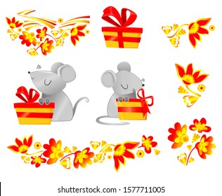 Set von Elementen für das Weihnachtsdesign 2020. Symbol des neuen Jahres. Chinesischer Kalender. Silberratte.Present. Chinesisches Ziermuster Vektorillustration. Kuschelmaus.