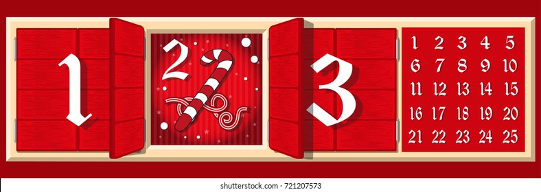 Set of elements Christmas advent holiday calendar banner. Closed and open woods doors with large digits numbers on the facade, symbols of each day of Advent. Cartoon style. Vector illustration