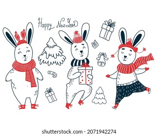 Set of elements for Christmas character design. New Years bunny ice skating with gift, Christmas tree and bell in doodle style. Outline vector illustration. hand drawing for design of greeting cards
