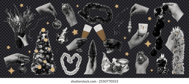 Set of elements for Christmas collage designs. Hand clippings in halftones, Christmas tree, tinsel, Christmas tree toys, wine glasses. Modern vector illustration in retro grunge style.