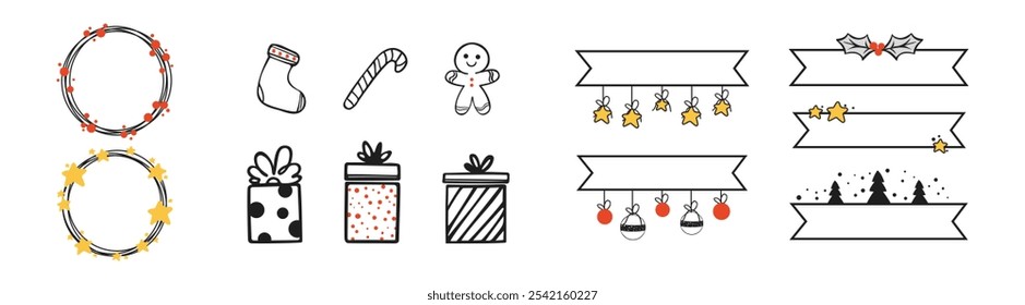 Set of elements for Christmas design. Design for sticker, card, poster, invitation, greeting. New year icon set.