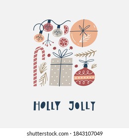 Set of elements for Christmas design. Traditional holiday decorations. Vector illustration