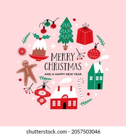 Set of elements for Christmas design. Traditional holiday decorations. Vector illustration