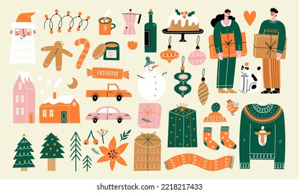 Set of elements for Christmas design. Traditional holiday decorations. Vector illustration