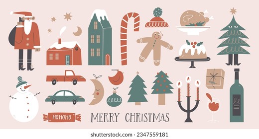 Set of elements for Christmas design. Traditional holiday decorations. Vector illustration