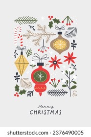 Set of elements for Christmas design. Traditional holiday decorations. Vector illustration