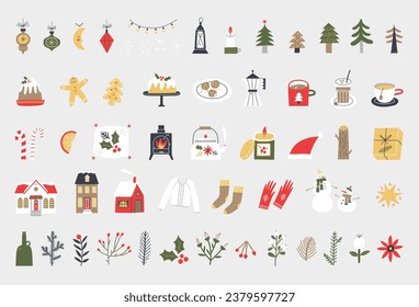 Set of elements for Christmas design. Traditional holiday decorations. Vector illustration