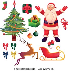 Set of elements for Christmas design. Traditional attributes. Santa, Christmas tree, presents, reindeer, sleight. Merry Christmas, Happy new Year, Winter holidays concept for greeting card, banner